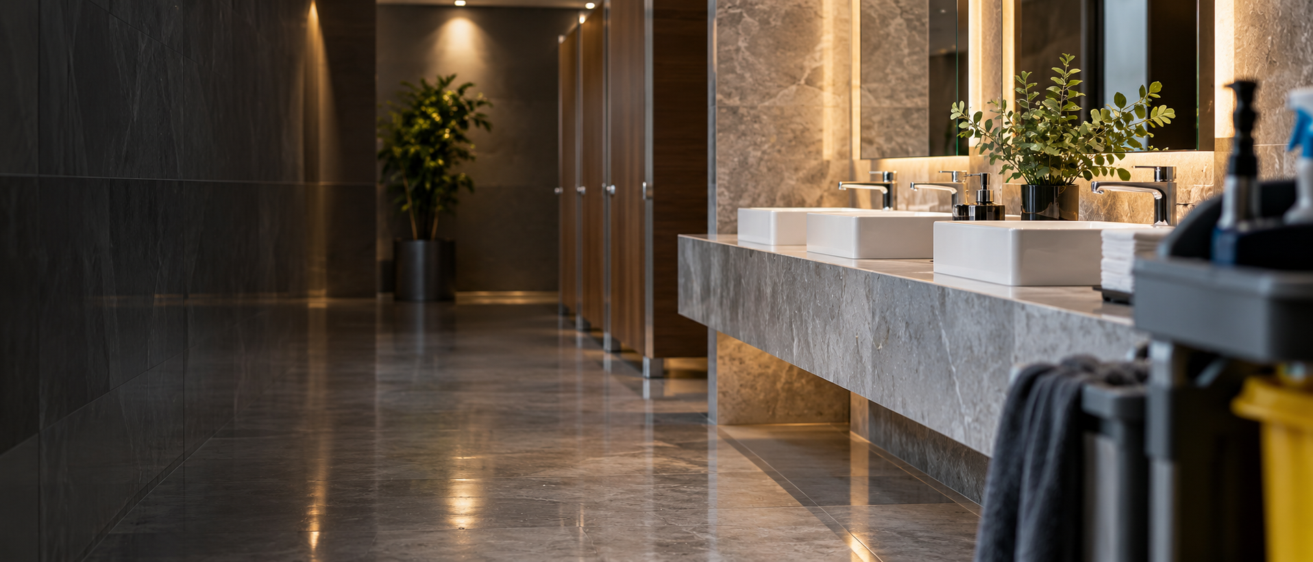 A beautiful premium commercial washroom with pristine white ceramics, stone surfaces and a professional cleaning trolley softly out of focus at right